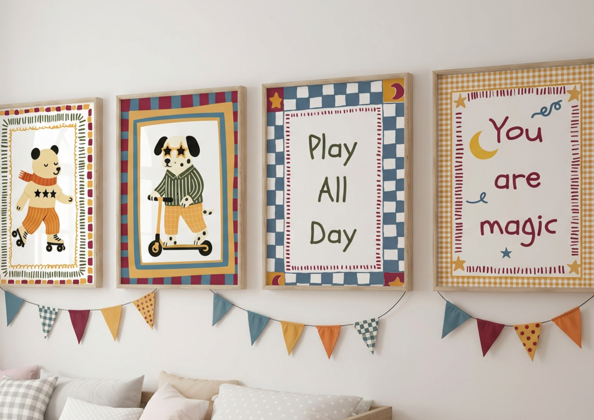 Colorful children's wall art with framed illustrations and motivational phrases on a white wall.