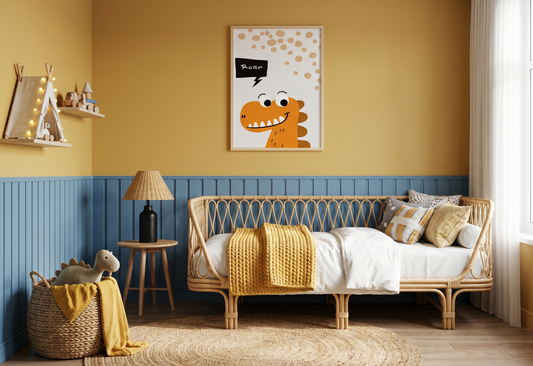 Children's bedroom with a wicker bed, yellow blanket, and dinosaur-themed wall art.