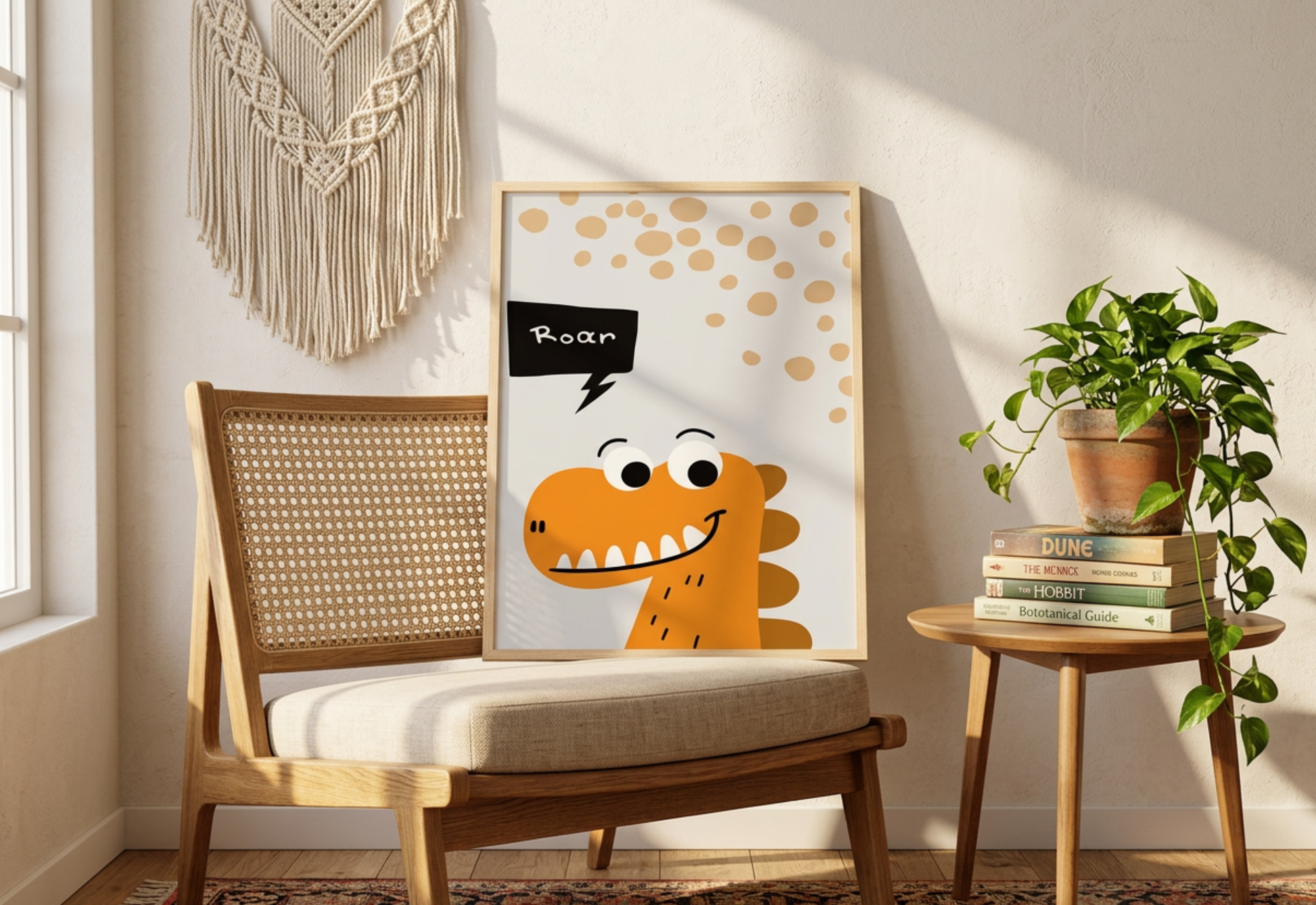 Decorative interior with a wicker chair, framed cartoon dinosaur, and side table with books and plant.