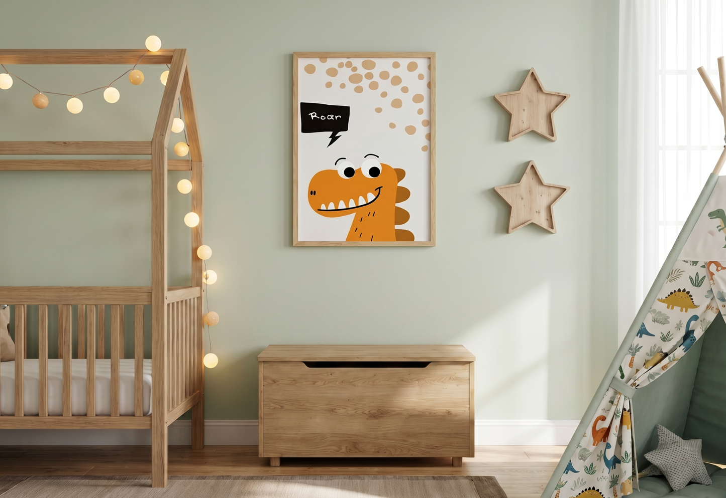 Children's room with wooden crib, toy box, and decorative wall art.