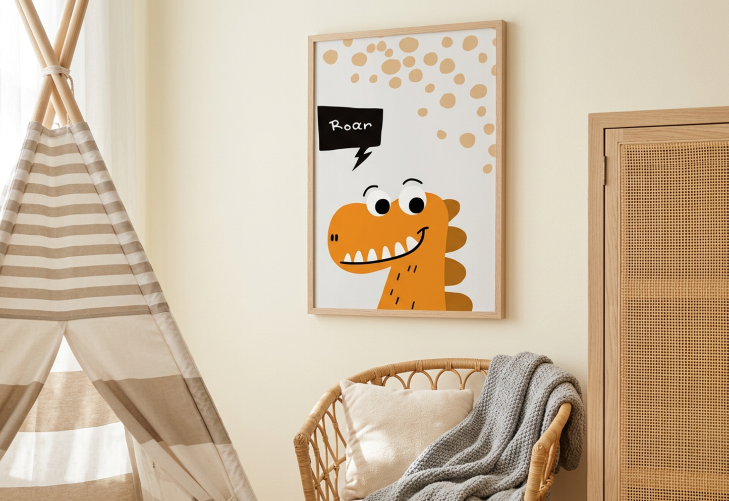 Children's room with a dinosaur-themed wall art, striped teepee, and wicker chair.