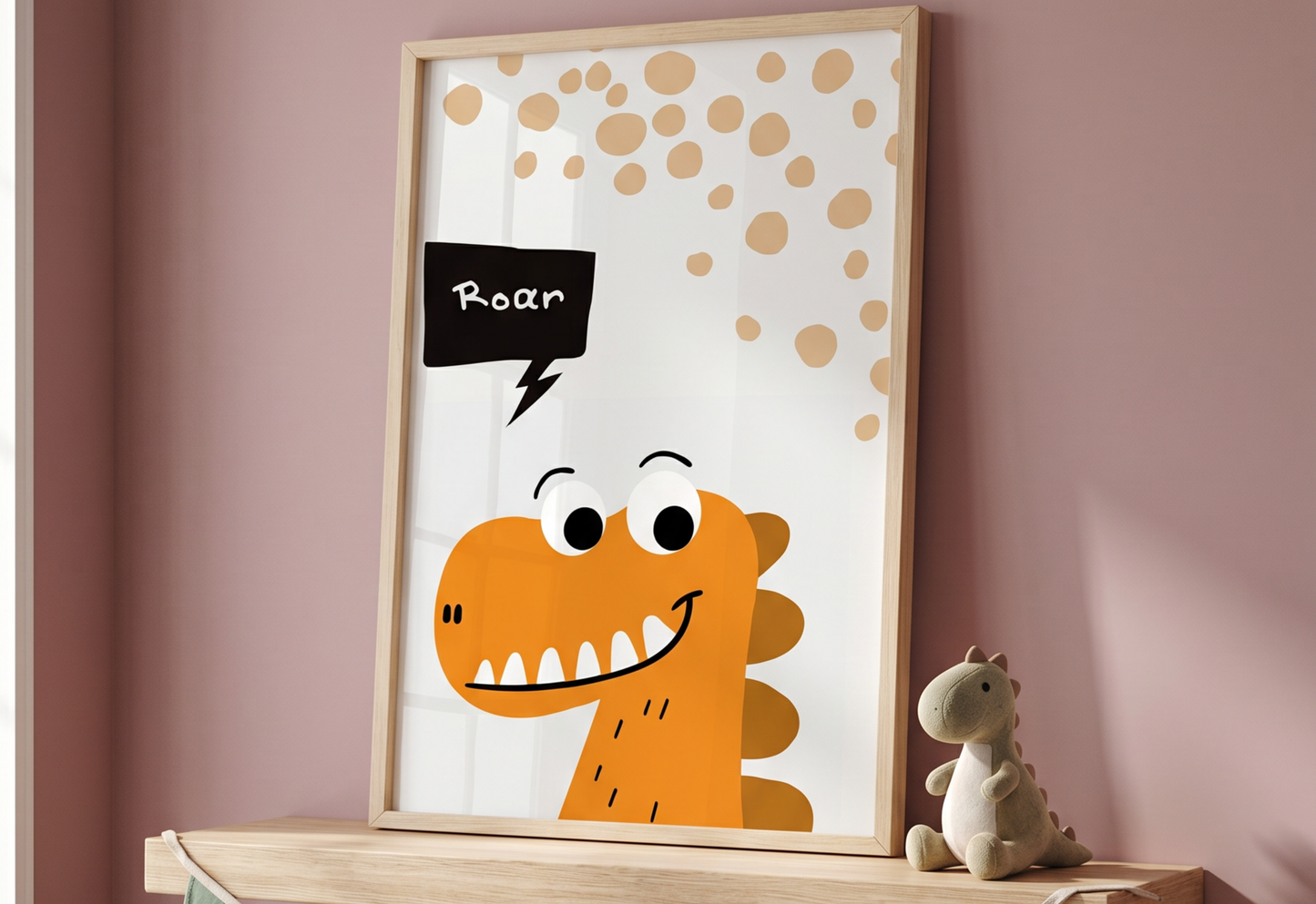 Framed children's poster of a dinosaur with 'Roar' text on a pink wall.