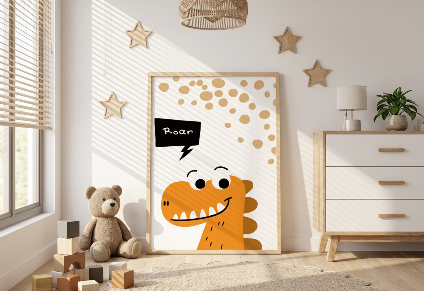 Children's room with a dinosaur-themed wall art, teddy bear, and wooden blocks.