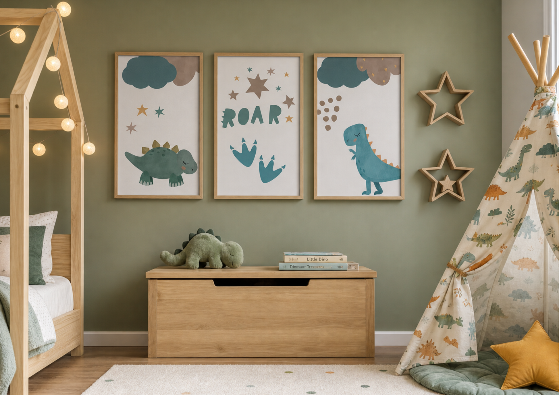 A styled children's bedroom corner with olive green walls, three framed dinosaur-themed prints above a wooden storage bench, a house-frame bed with string lights on the left, and a teepee tent on the right.
