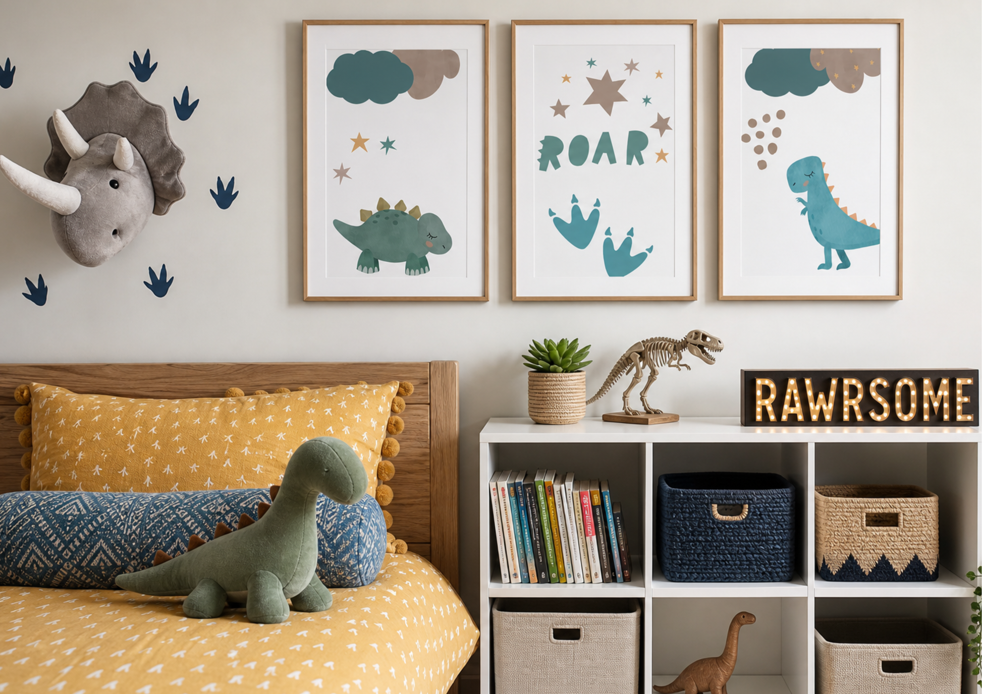 A styled children's bedroom corner featuring three framed dinosaur-themed wall art prints above a bed. The prints show a green dinosaur, blue footprint, and a blue T-Rex with the word 'ROAR' in the center.