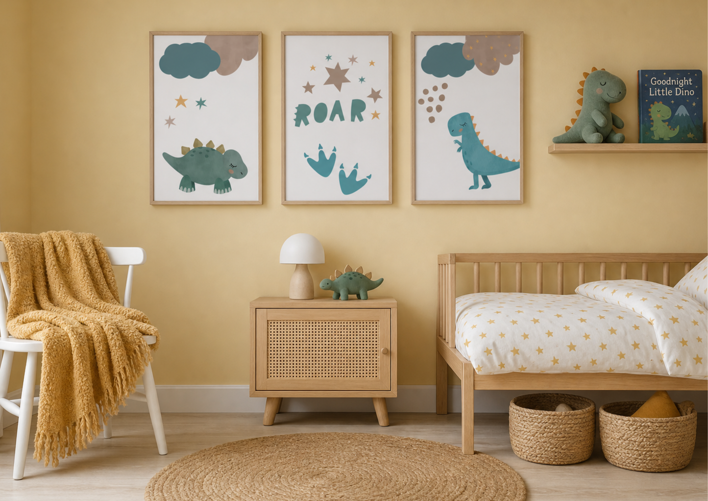 A styled children's bedroom featuring three framed dinosaur art prints on a warm yellow wall above a wooden nightstand and bed. The prints show teal dinosaurs, stars, and the word 'ROAR' with cloud accents.