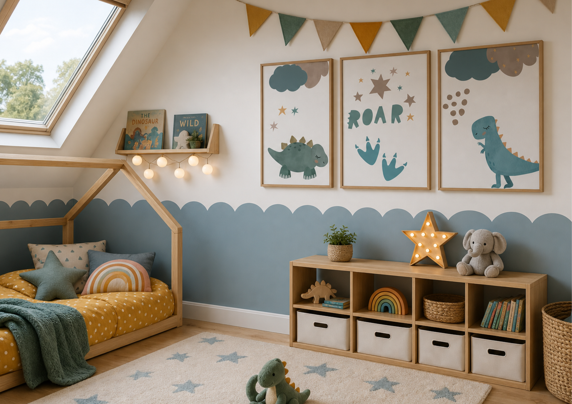 A styled children's bedroom with a house-shaped bed, wall cubbies, star rug, and three framed dinosaur prints on the wall. 