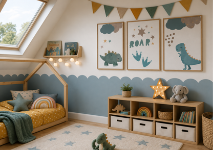 A styled children's bedroom with a house-shaped bed, wall cubbies, star rug, and three framed dinosaur prints on the wall. 