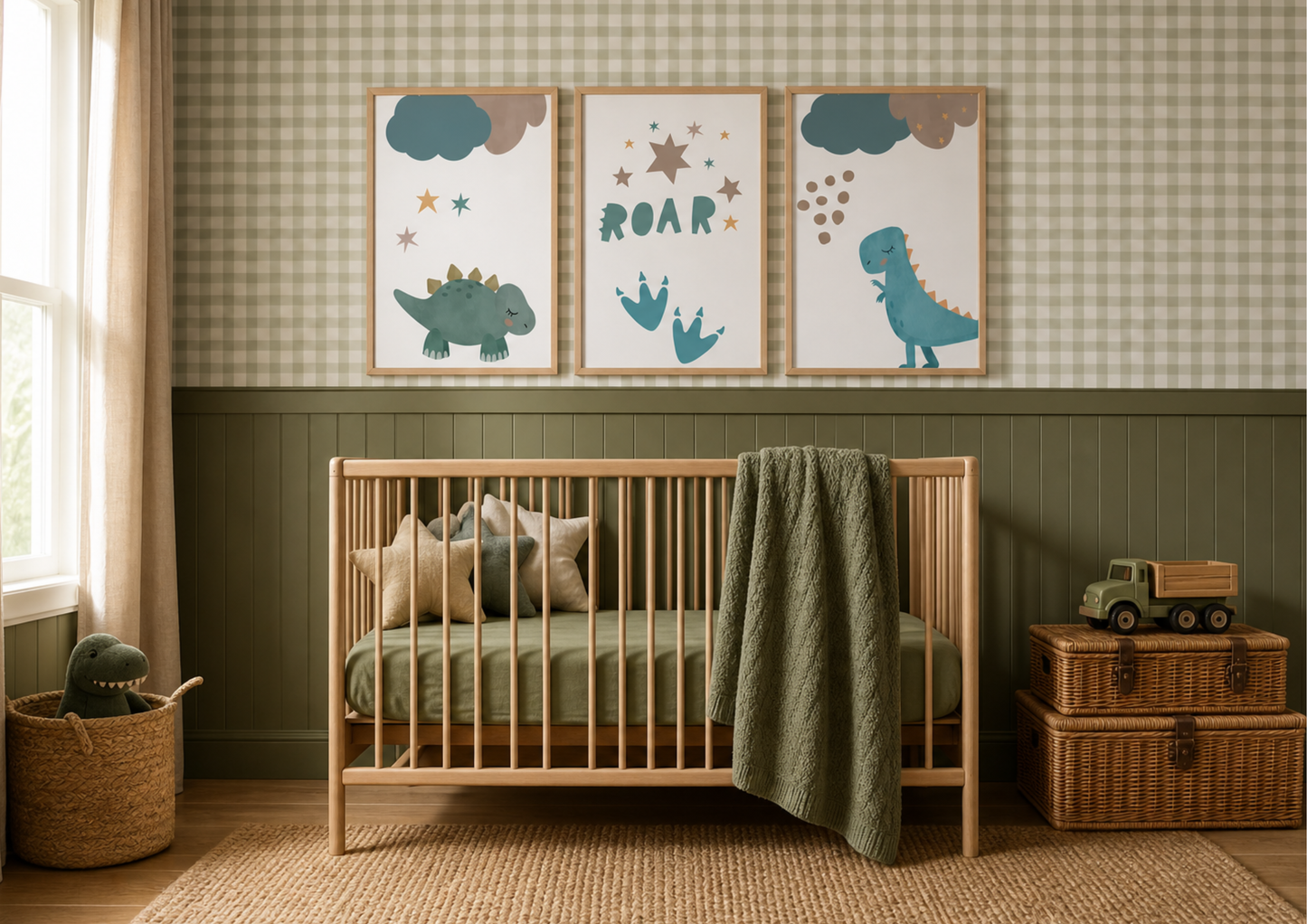 A styled nursery room featuring a wooden crib with a green quilt and bedding, a green basket with a plush dinosaur, stacked wicker storage boxes with a toy truck, and three framed dinosaur art prints on a checkered and green paneled wall.