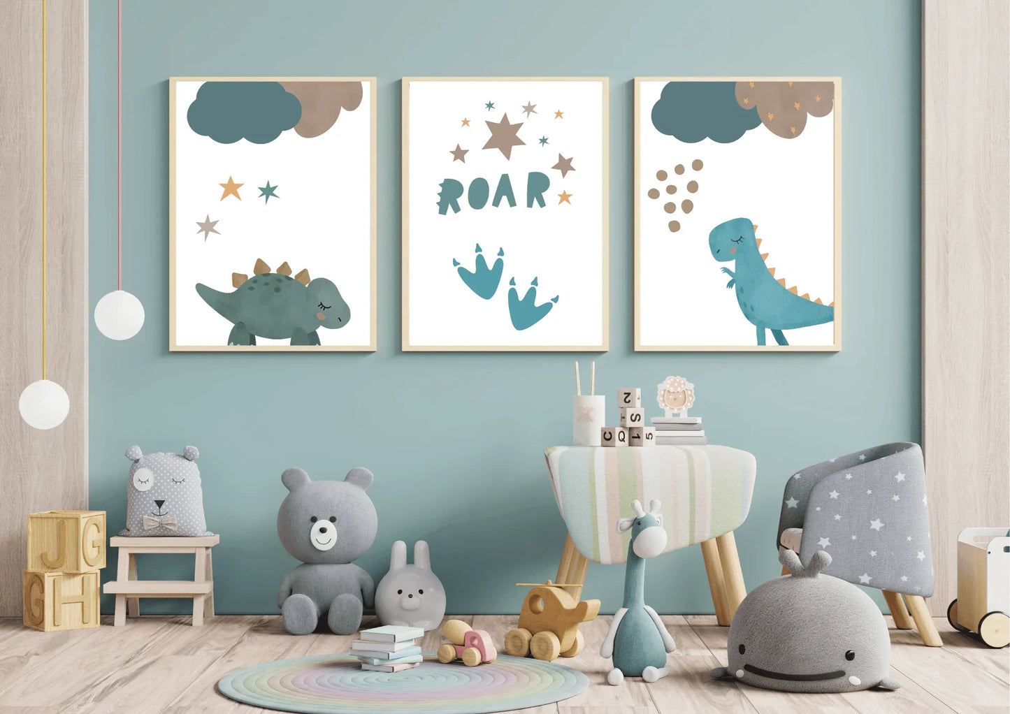 Children's room with dinosaur-themed wall art and toys on a wooden floor.