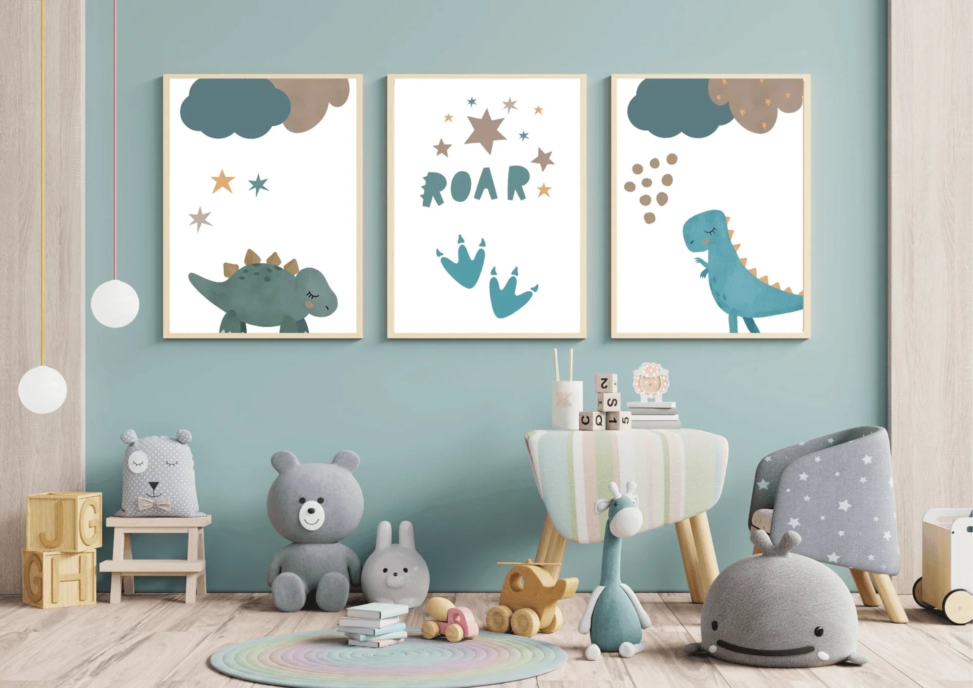 Children's room with dinosaur-themed wall art and toys on a wooden floor.