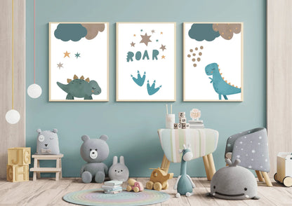 Children's room with dinosaur-themed wall art and toys on a wooden floor.