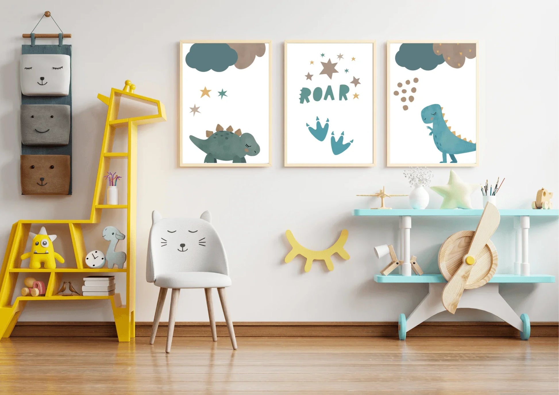 Children's room with dinosaur-themed decor, including wall art and furniture.