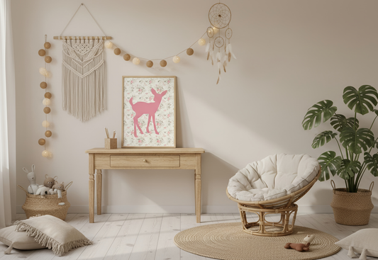 A close-up shot of a cozy, bohemian-style children's room, featuring a light wood desk and a rattan Papasan chair. A framed pink deer silhouette print on a vintage floral background sits on the desk. Macrame wall hangings, string lights, and a woven dreamcatcher decorate the light-colored walls.