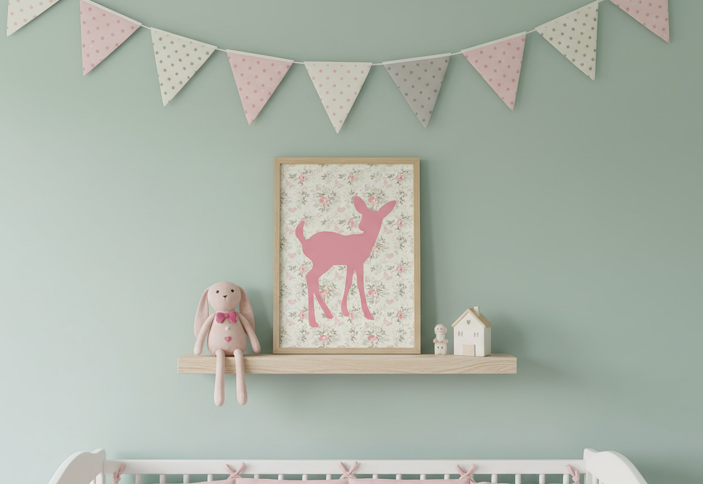 A close-up of a pink deer silhouette print framed in light wood, resting on a natural wood shelf above a white crib. The background of the print is a light floral pattern. A pink bunny plush toy and two small ceramic houses sit on the shelf. Pink and green polka-dot banner flags hang above the shelf against a soft mint green wall.