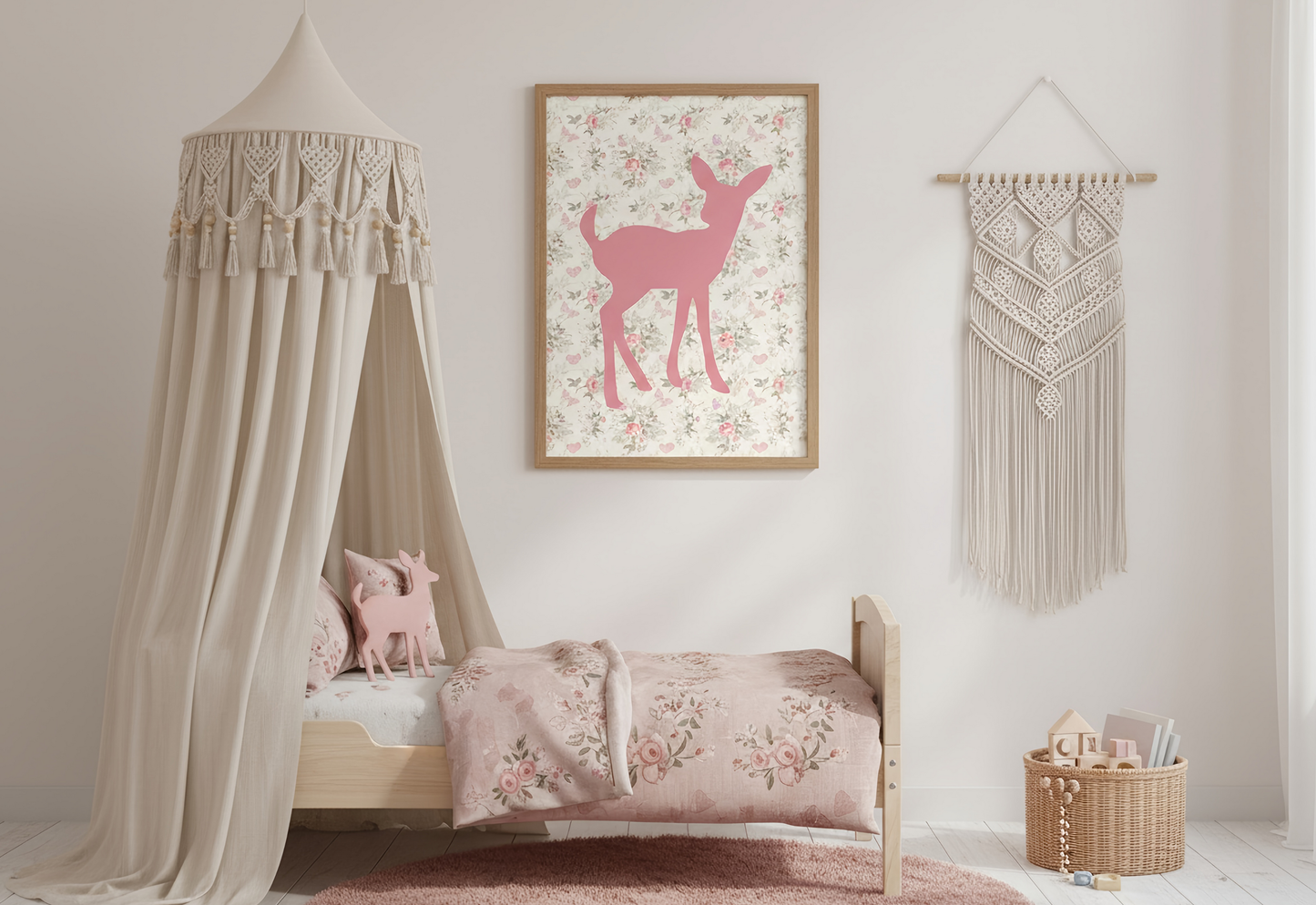 
A cozy, feminine bedroom or nursery setup with a small wood toddler bed and a beige macrame canopy draped over the corner. A framed pink deer silhouette print on a vintage floral background hangs above the bed. The bedding features a matching pink floral pattern, and a large macrame wall hanging is visible on the right.