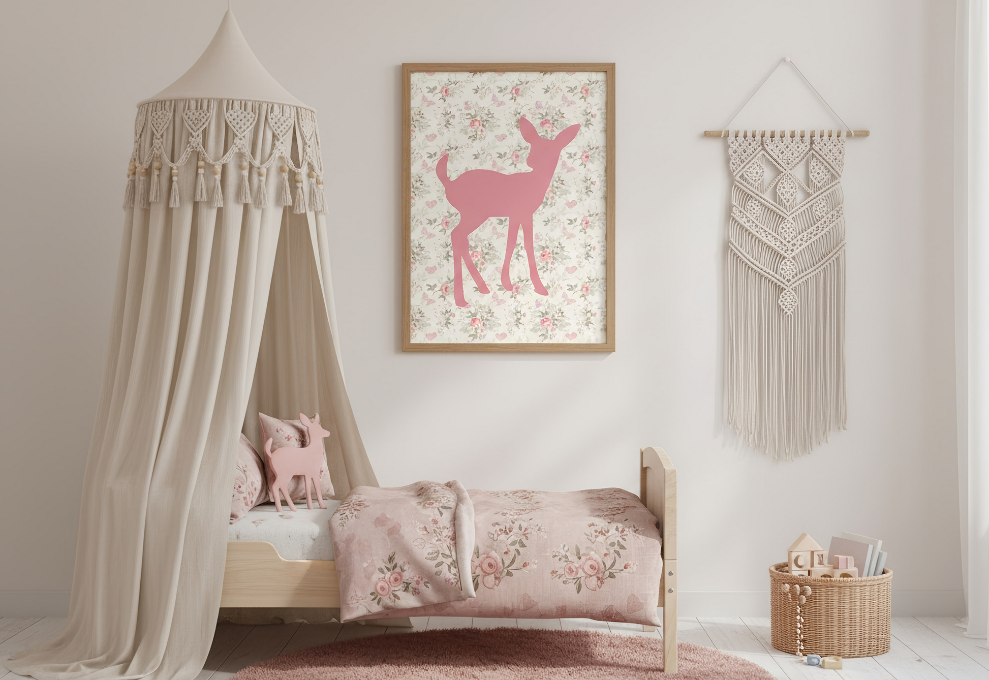 
A cozy, feminine bedroom or nursery setup with a small wood toddler bed and a beige macrame canopy draped over the corner. A framed pink deer silhouette print on a vintage floral background hangs above the bed. The bedding features a matching pink floral pattern, and a large macrame wall hanging is visible on the right.