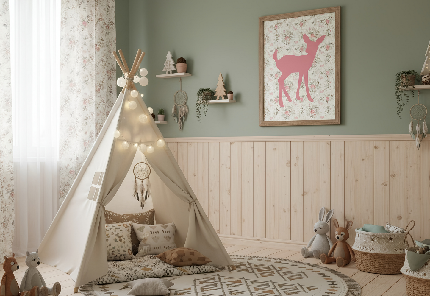 A woodlands themed nursery features a light wood crib with pink and mint green bedding. Above the crib, a framed pink deer silhouette print on a vintage floral background hangs against a mauve pink wall, separated from white wainscoting. A white dresser is on the left, and a light gray armchair with a draped green blanket is on the right.