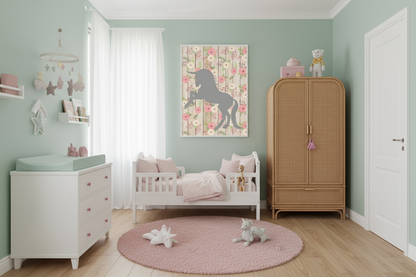 Children's bedroom with green walls, wooden floor, and furniture including a wardrobe and crib.