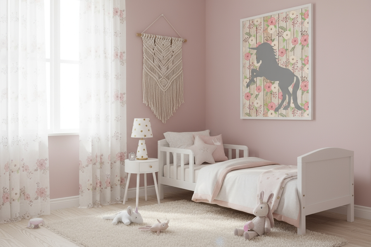 Children's bedroom with pink walls, white furniture, and decorative elements.