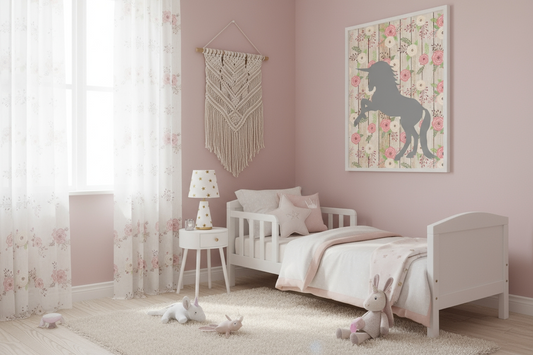 Children's bedroom with pink walls, white furniture, and decorative elements.