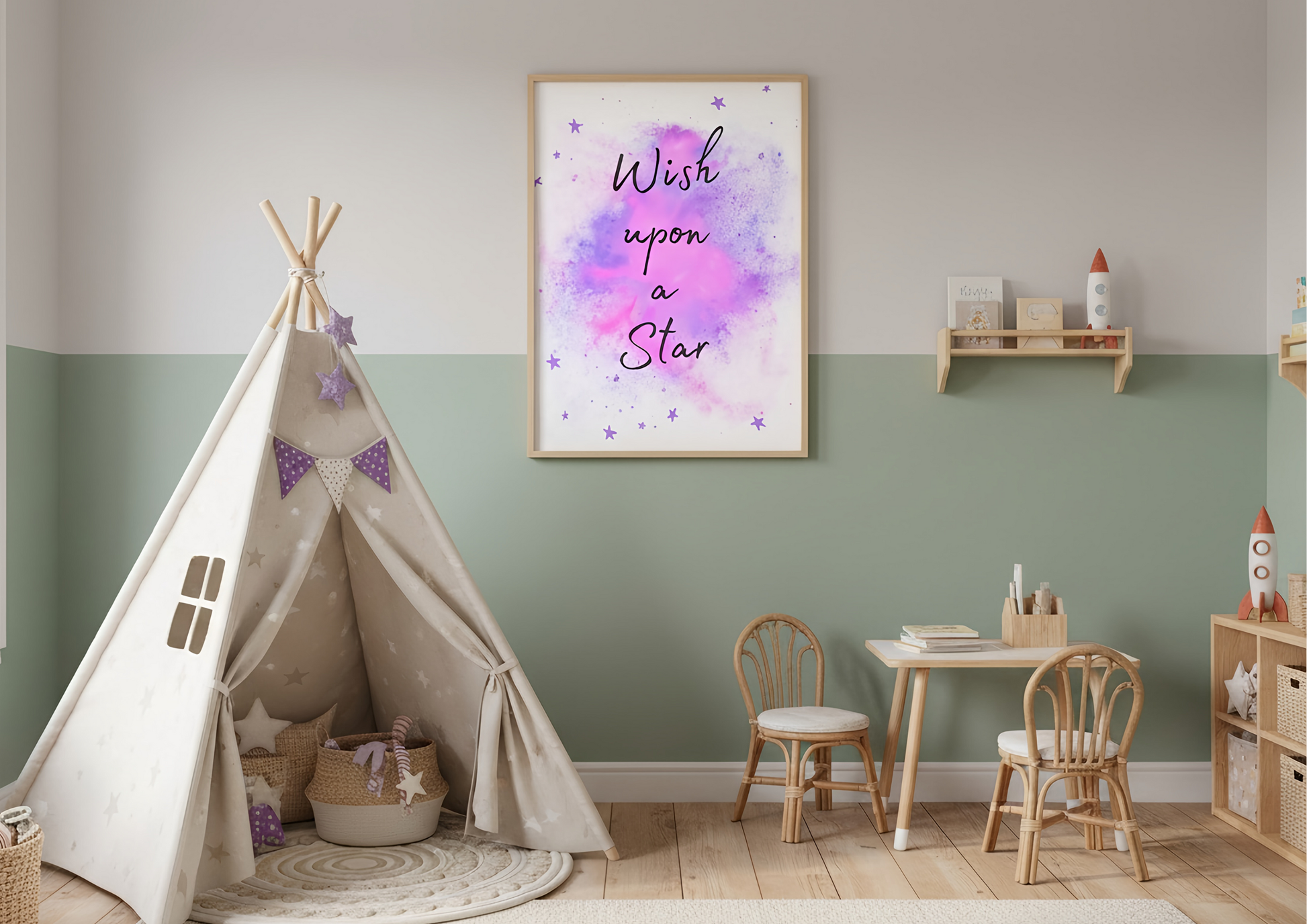 Children's room with a teepee, table, chairs, and wall art.