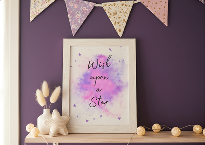 Framed artwork with 'Wish upon a star' text on a purple wall with decorative elements.