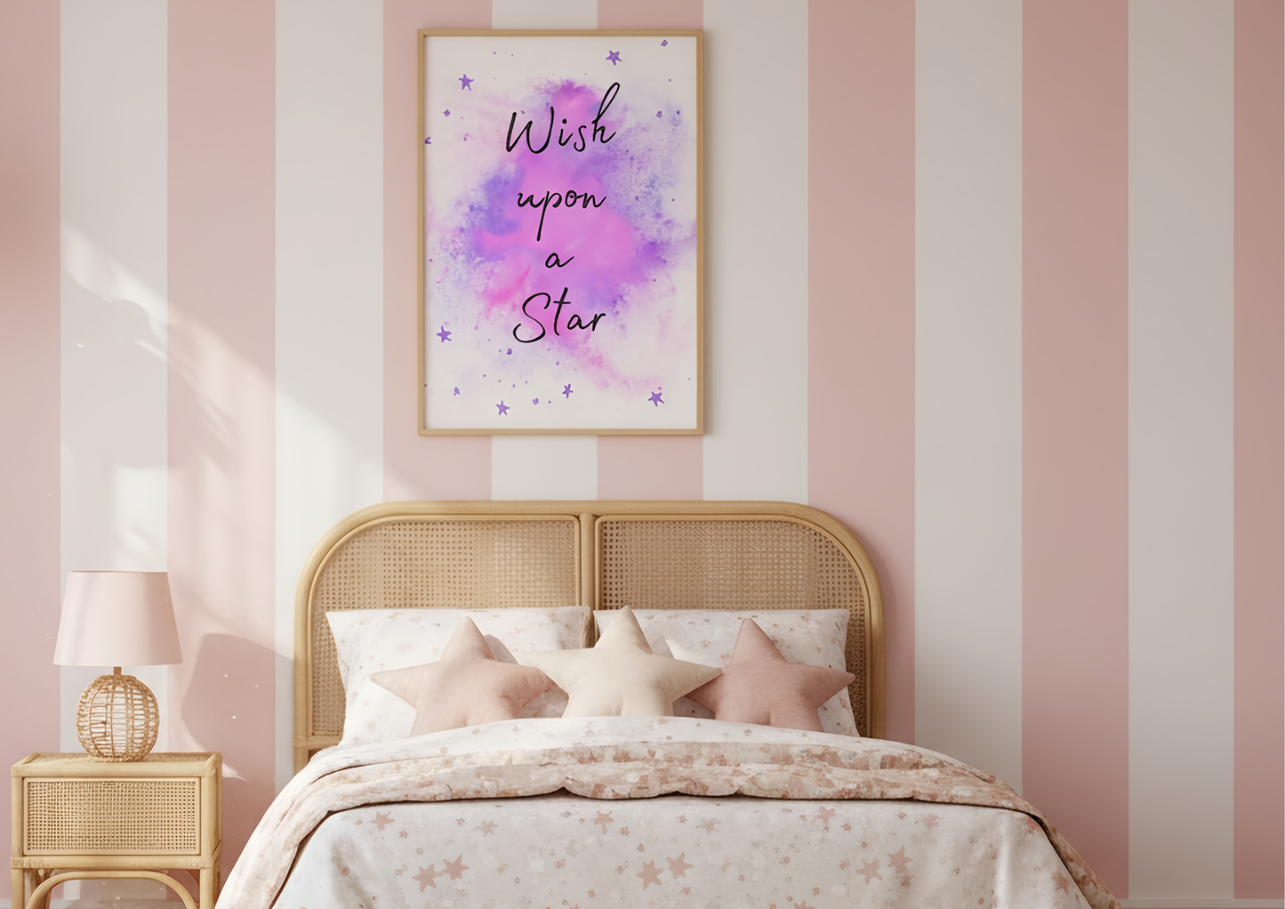 Bedroom with pink striped walls, gold headboard, and 'Wish upon a Star' artwork.