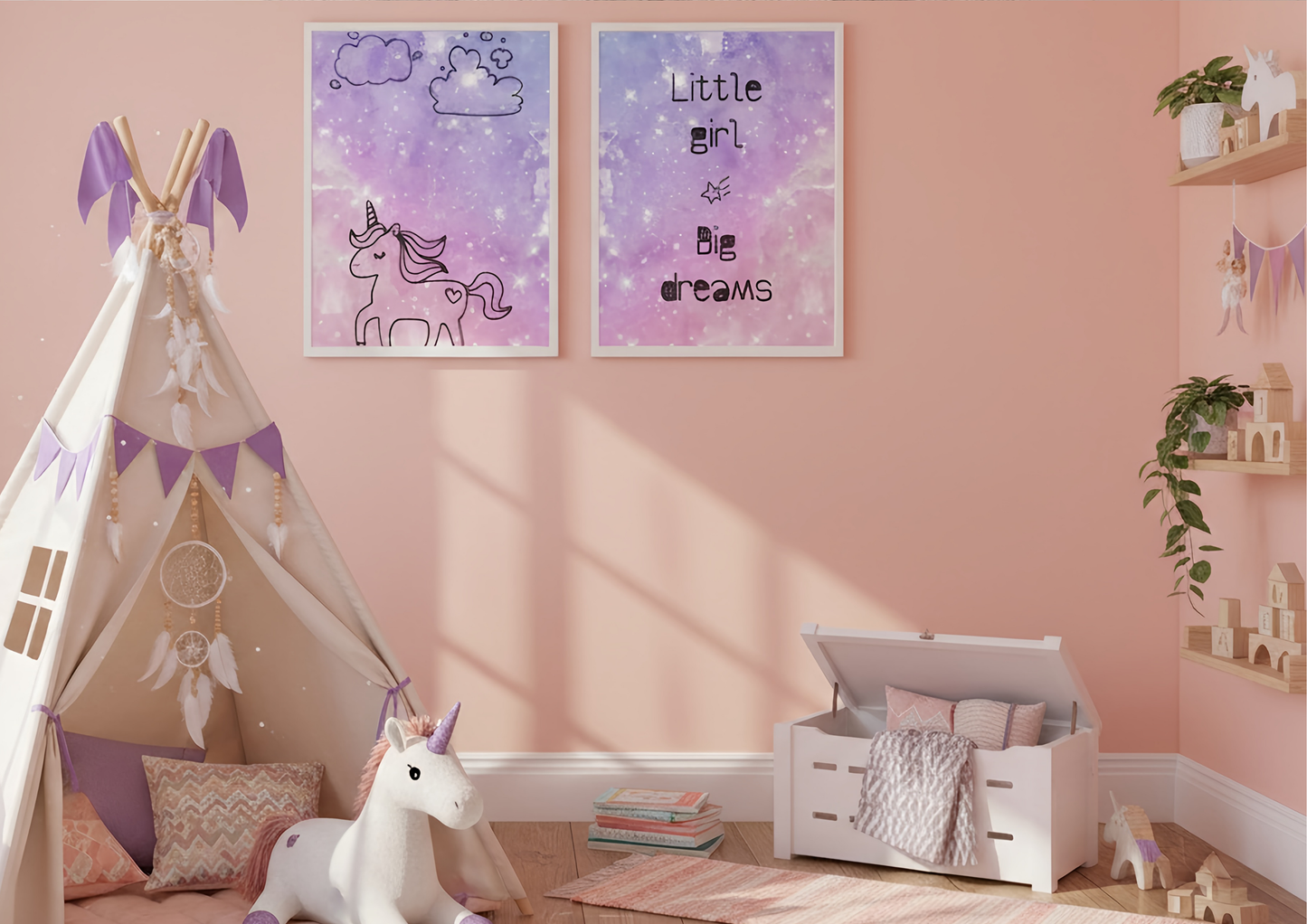 Children's room with pink walls, a teepee, unicorn decor, and framed posters.