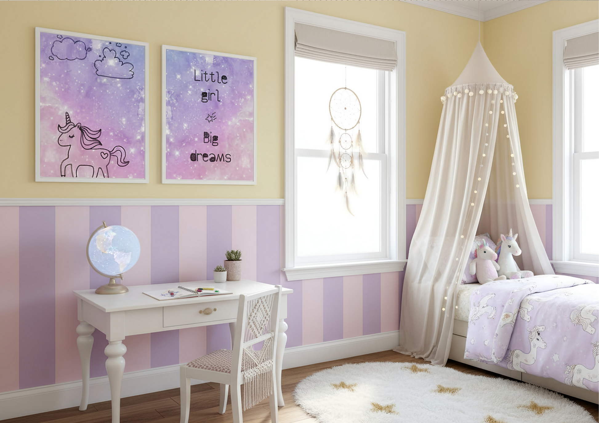 Children's bedroom with yellow walls, purple accents, and a white canopy bed.
