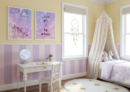 Children's bedroom with yellow walls, purple accents, and a white canopy bed.