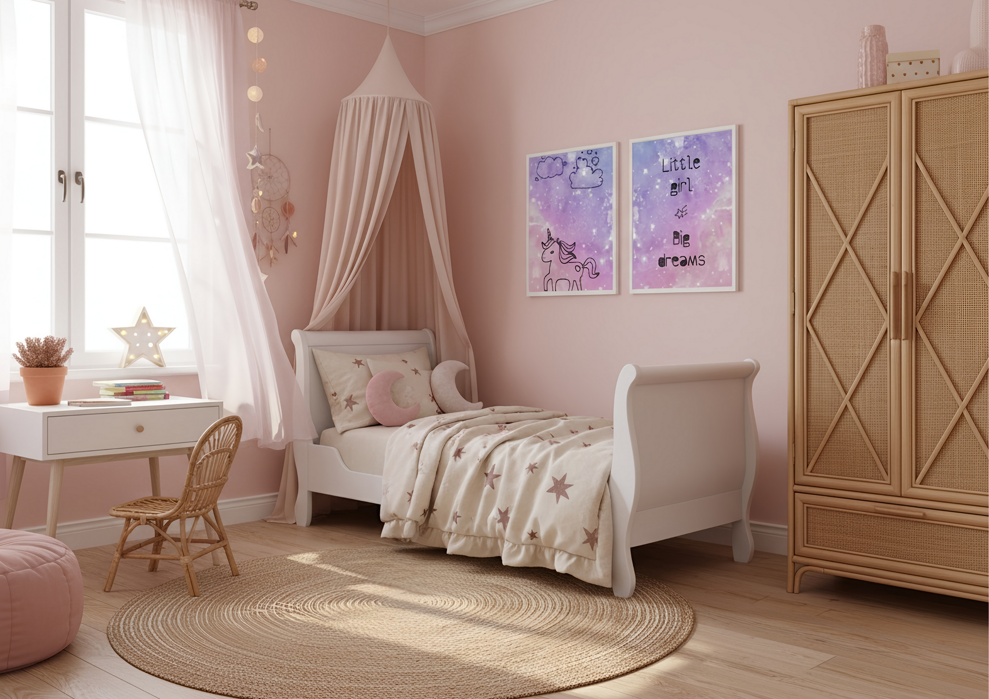 Children's bedroom with pink walls, a bed with a canopy, and a wooden wardrobe.