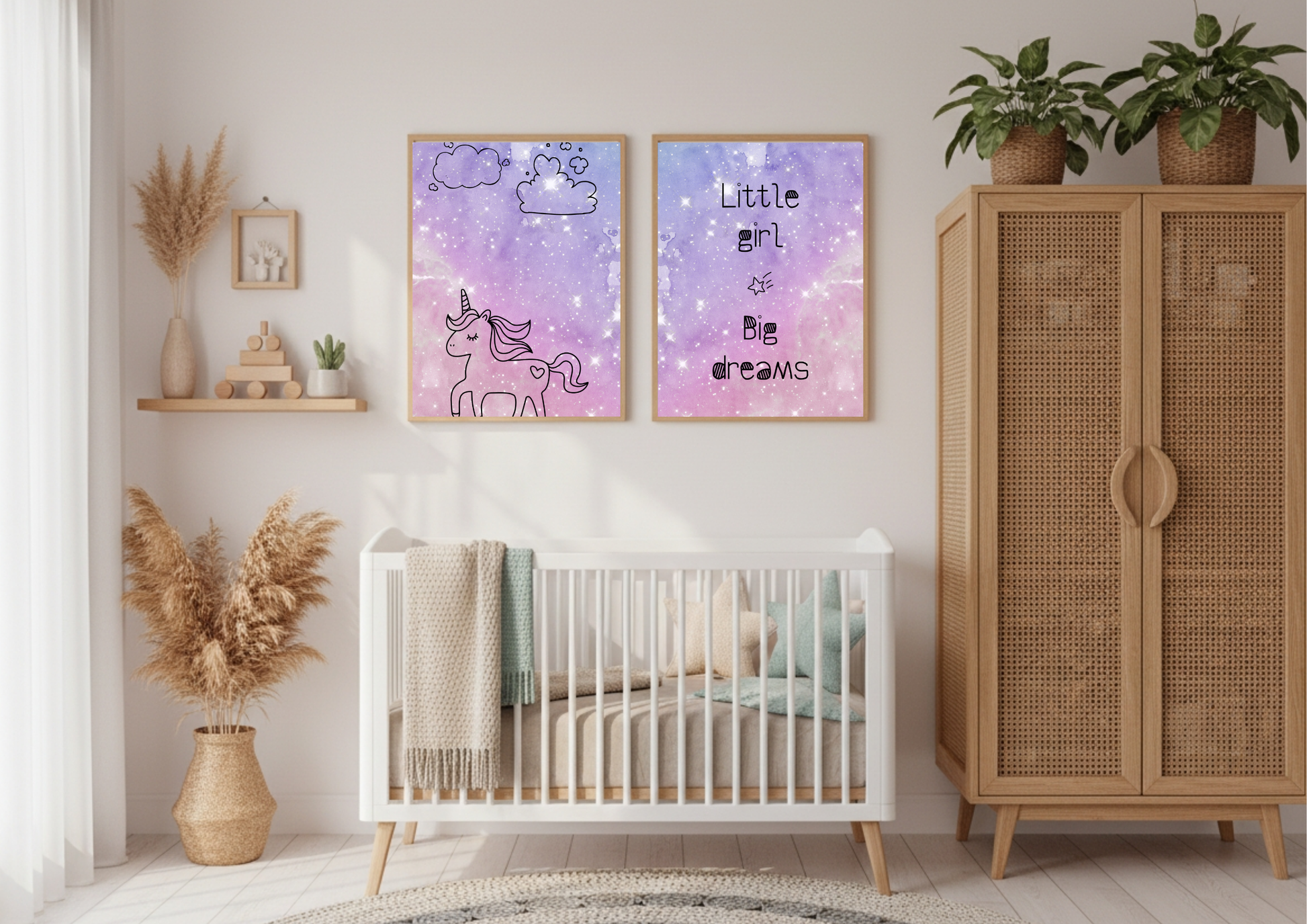 Nursery room with a crib, wooden cabinet, and framed posters on the wall.