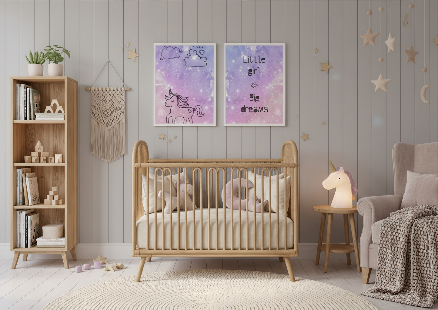 Nursery room with wooden crib, bookshelf, and decorative elements.