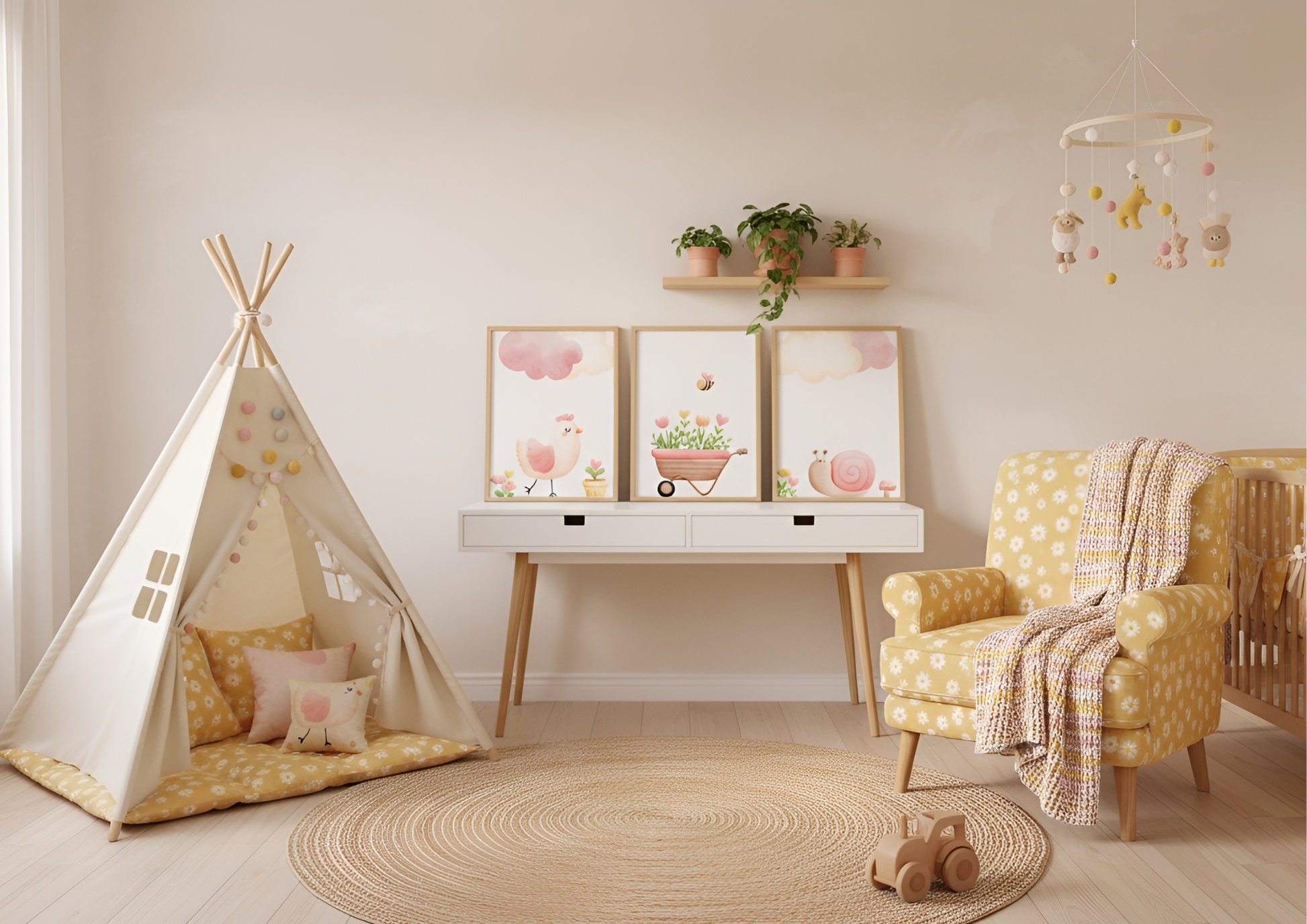 A nursery scene with beige walls and yellow accents, featuring a canvas teepee on the left and a yellow floral armchair on the right. A set of three Farm Nursery prints is displayed above a white console table. The prints feature a pink chick, a wheelbarrow of flowers with a bee, and a pink snail.