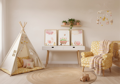 A nursery scene with beige walls and yellow accents, featuring a canvas teepee on the left and a yellow floral armchair on the right. A set of three Farm Nursery prints is displayed above a white console table. The prints feature a pink chick, a wheelbarrow of flowers with a bee, and a pink snail.