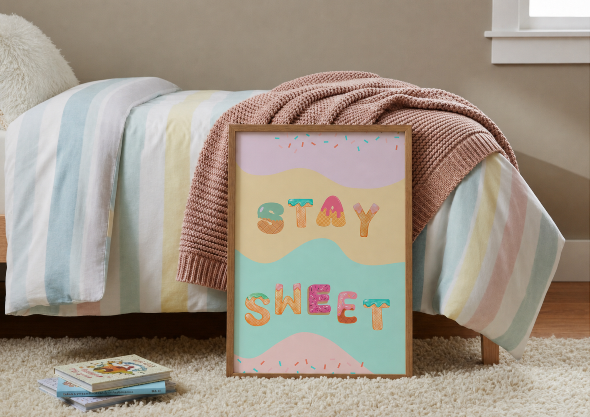 A framed pastel art print leaning against a bed in a bedroom. The print says “STAY SWEET” in colorful letters over pink, cream, and mint sections, with a pink knit blanket draped over the bed and striped bedding in the background.