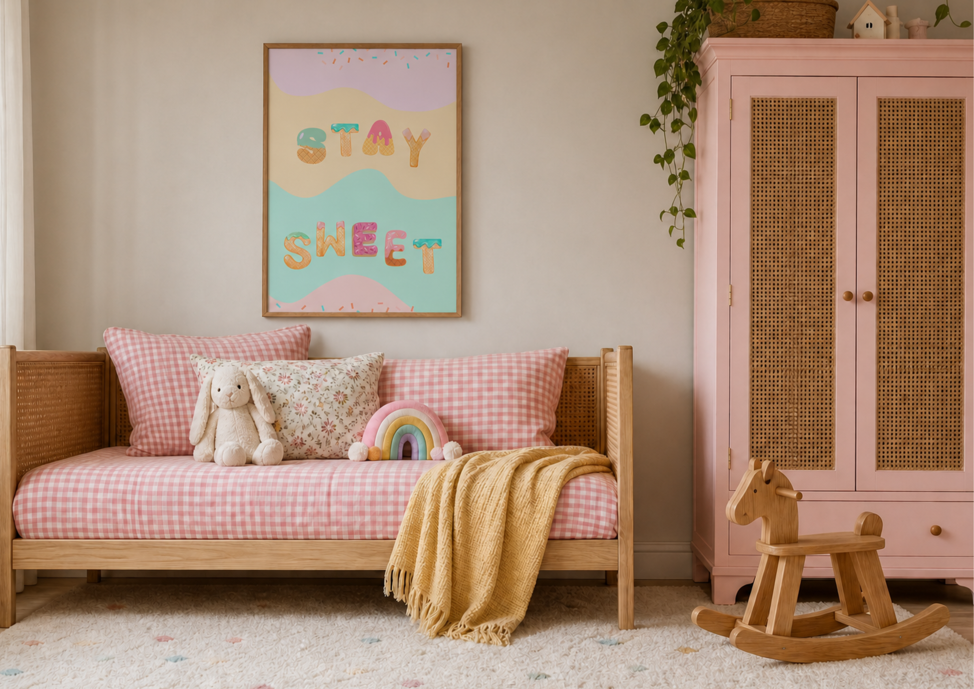 A styled children's bedroom corner featuring a light wood daybed with pink gingham bedding, a plush bunny, a small rainbow pillow, and a mustard throw blanket. Above the bed hangs a framed pastel poster reading 'STAY SWEET'.