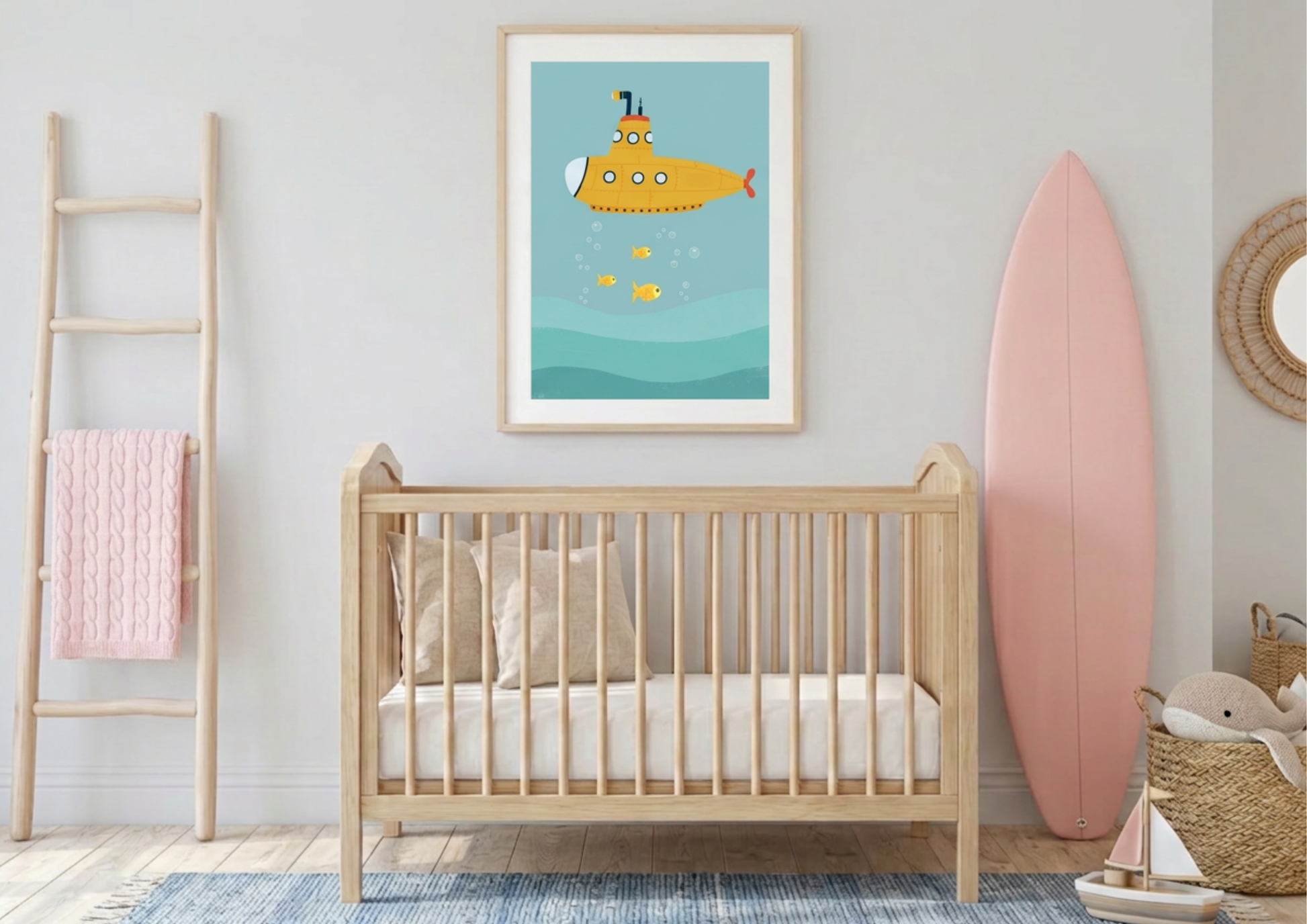 Nursery room with wooden crib, framed artwork of a submarine, and surfboard against a light gray wall.