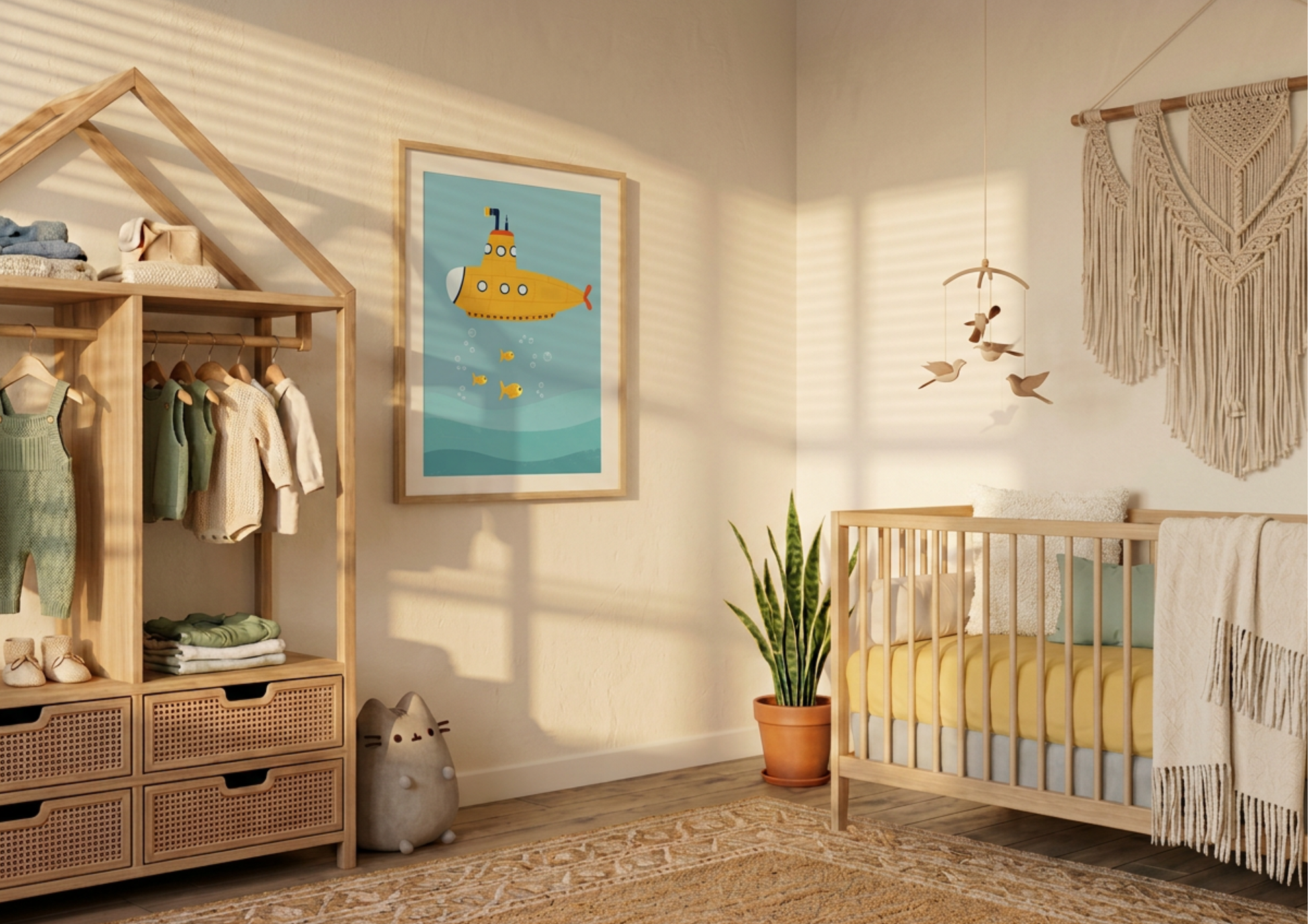 Nursery room with wooden crib, wardrobe, and framed picture of a yellow submarine.