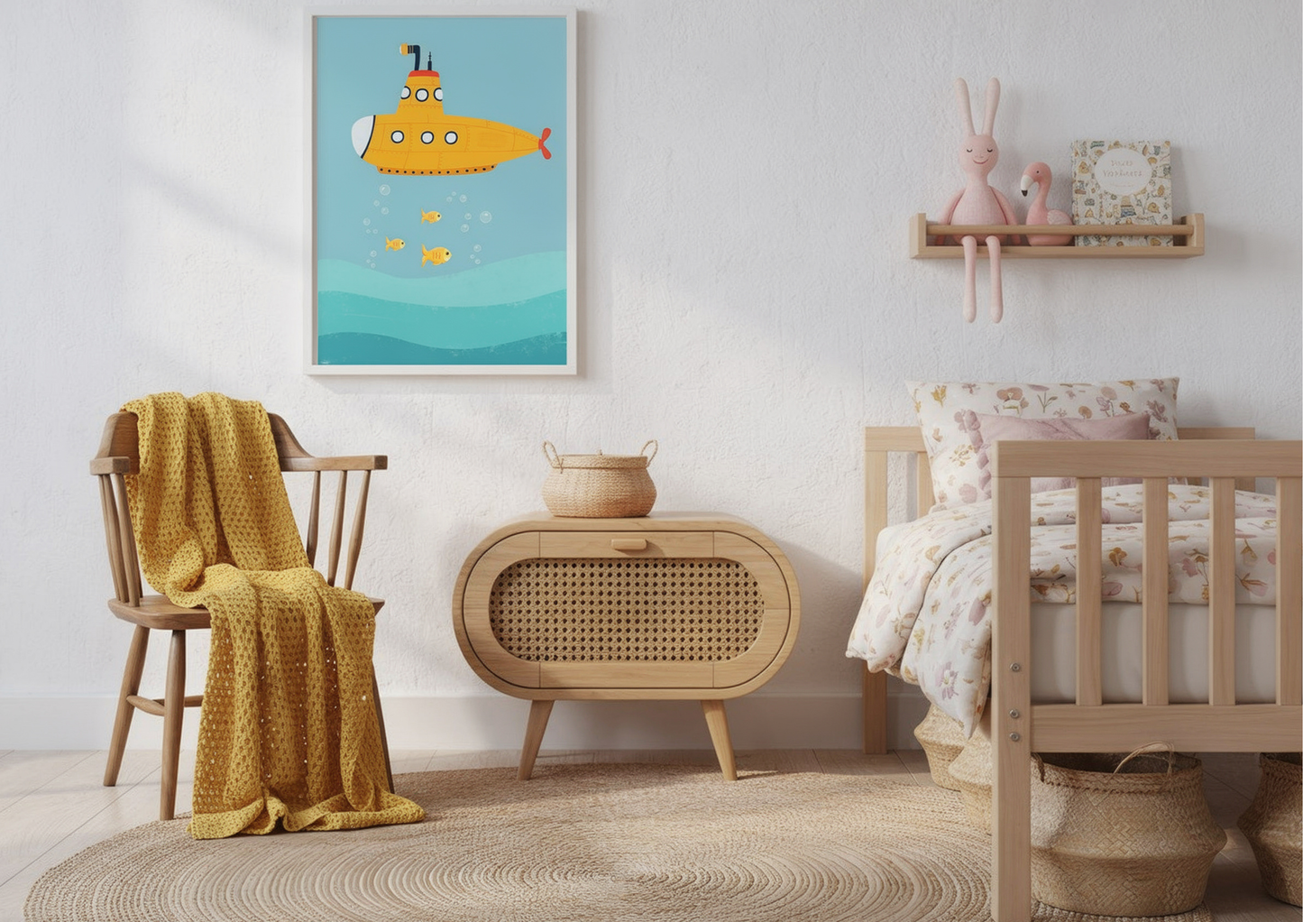 Nursery room with a yellow submarine painting, crib, and wooden furniture.