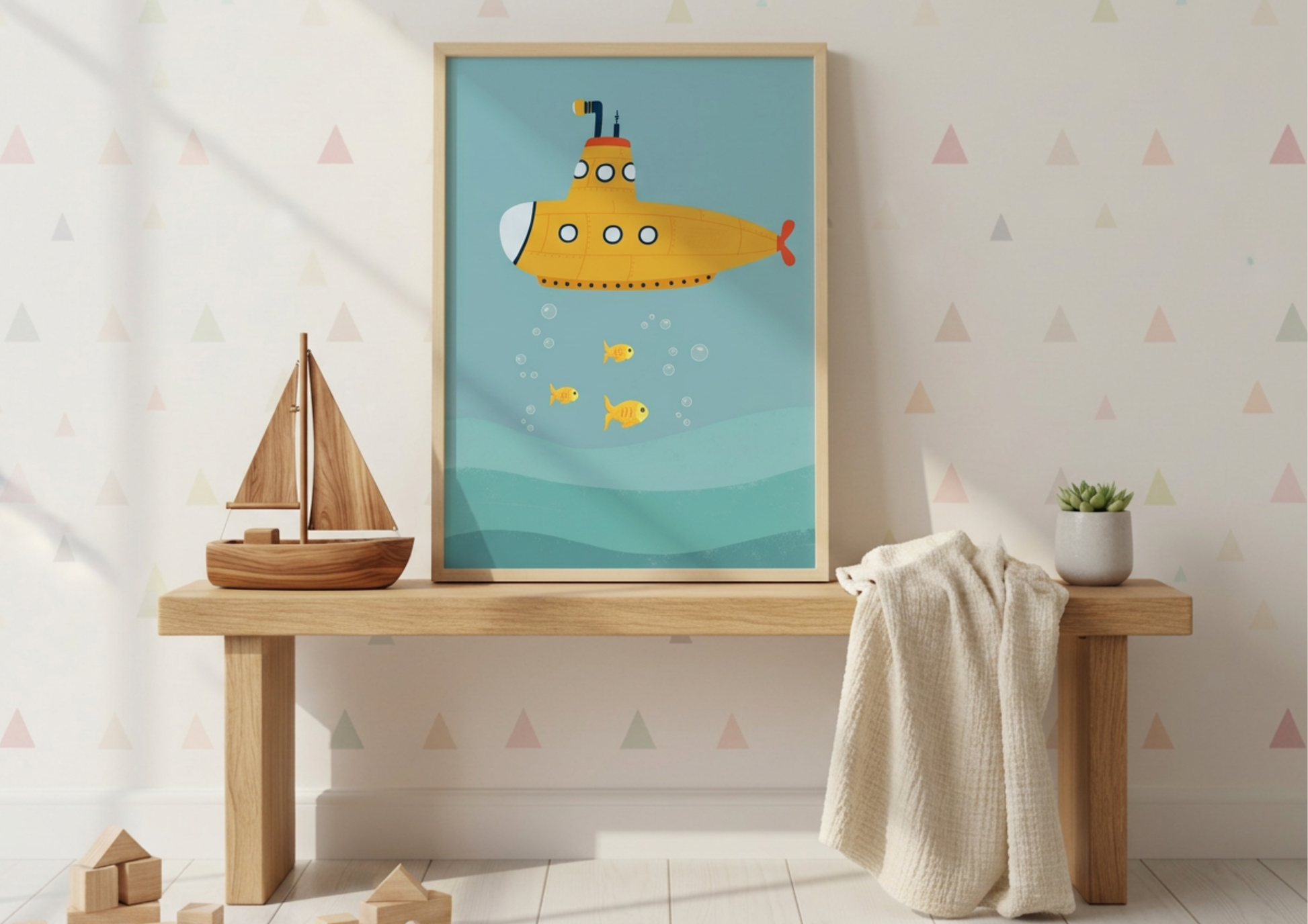 Children's room with a framed illustration of a yellow submarine, wooden boat, and geometric-patterned wallpaper.