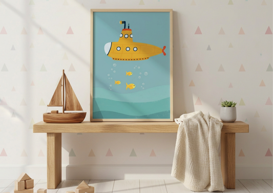 Children's room with a framed illustration of a yellow submarine, wooden boat, and geometric-patterned wallpaper.