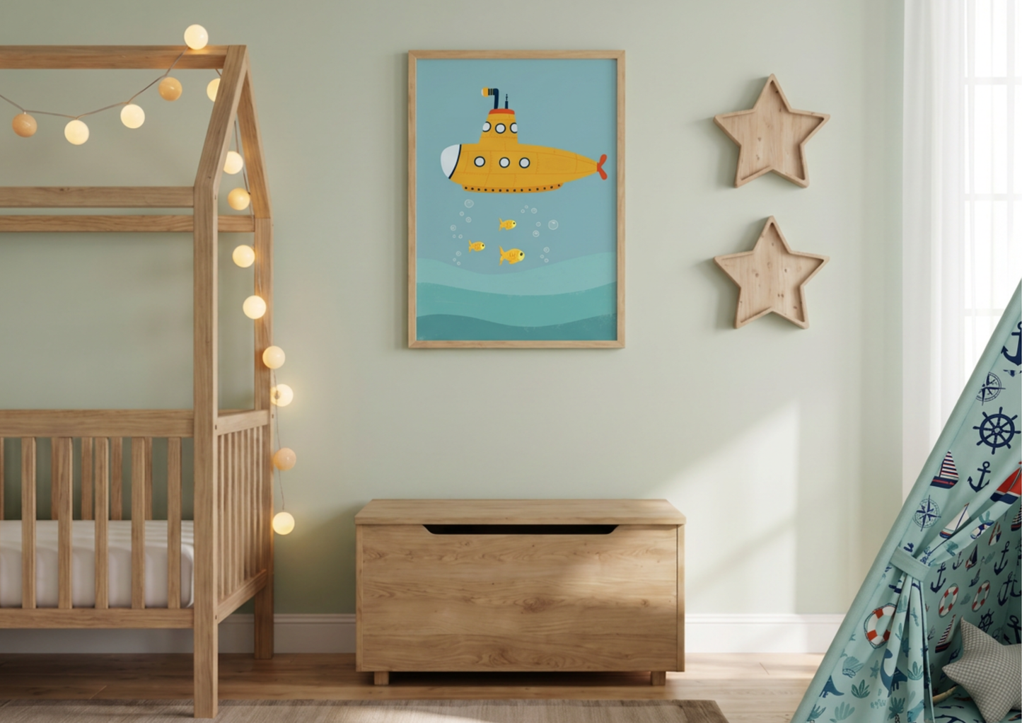 Children's room with wooden crib, storage unit, and wall art of a yellow submarine.