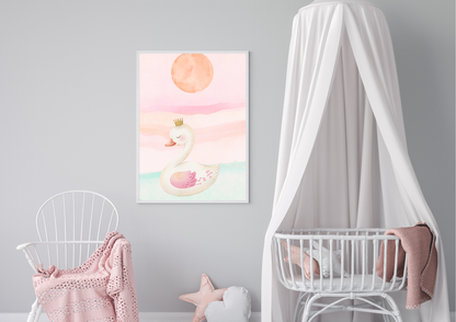 A framed pastel art print featuring a white swan with a gold crown under a pink sun, displayed on a light gray wall in a styled nursery setting with a white canopy, chair, and bassinet.