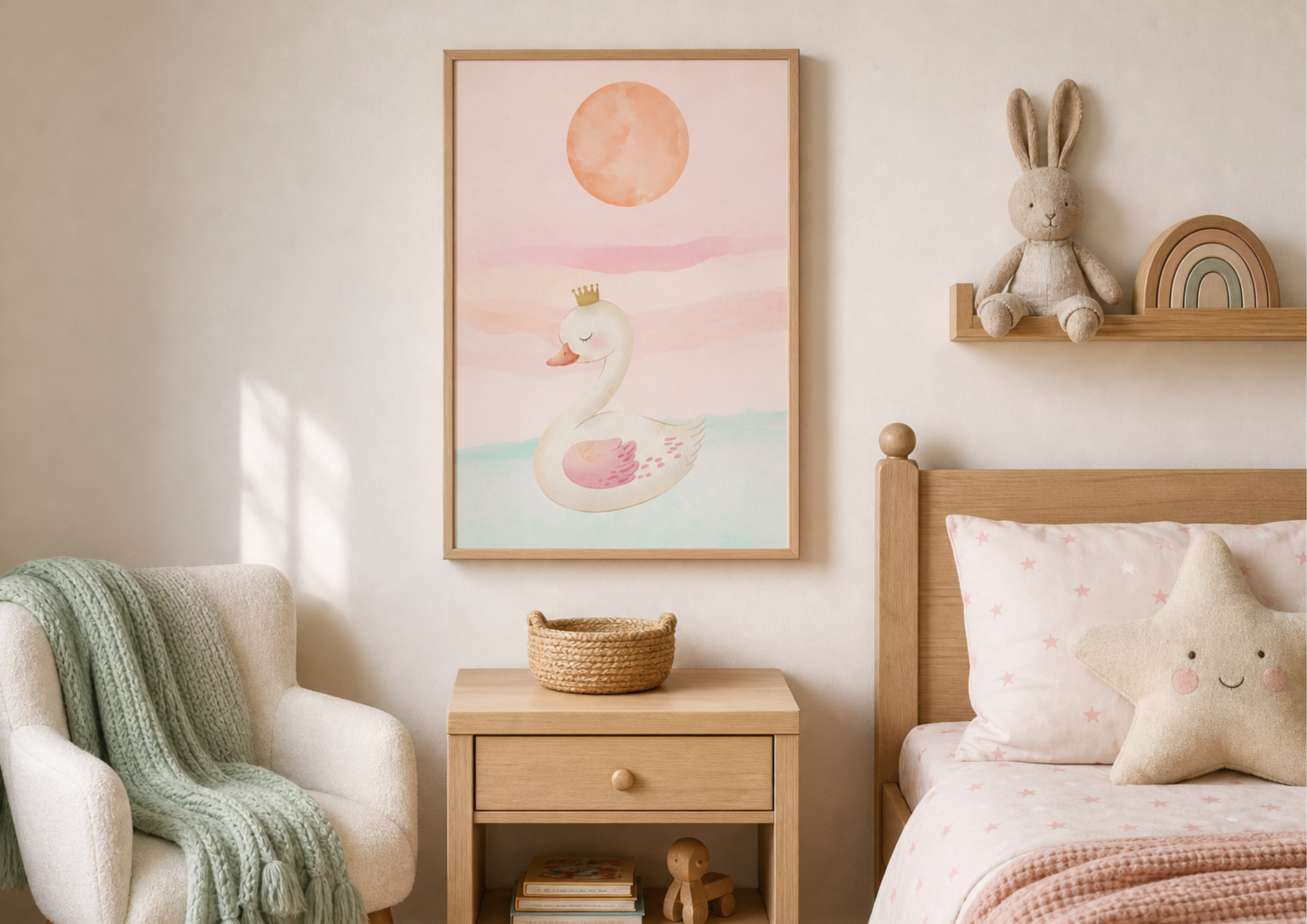 Framed watercolor art print of a swan with a golden crown, displayed on a bedroom wall above a light wooden nightstand next to a bed with a star-shaped pillow.