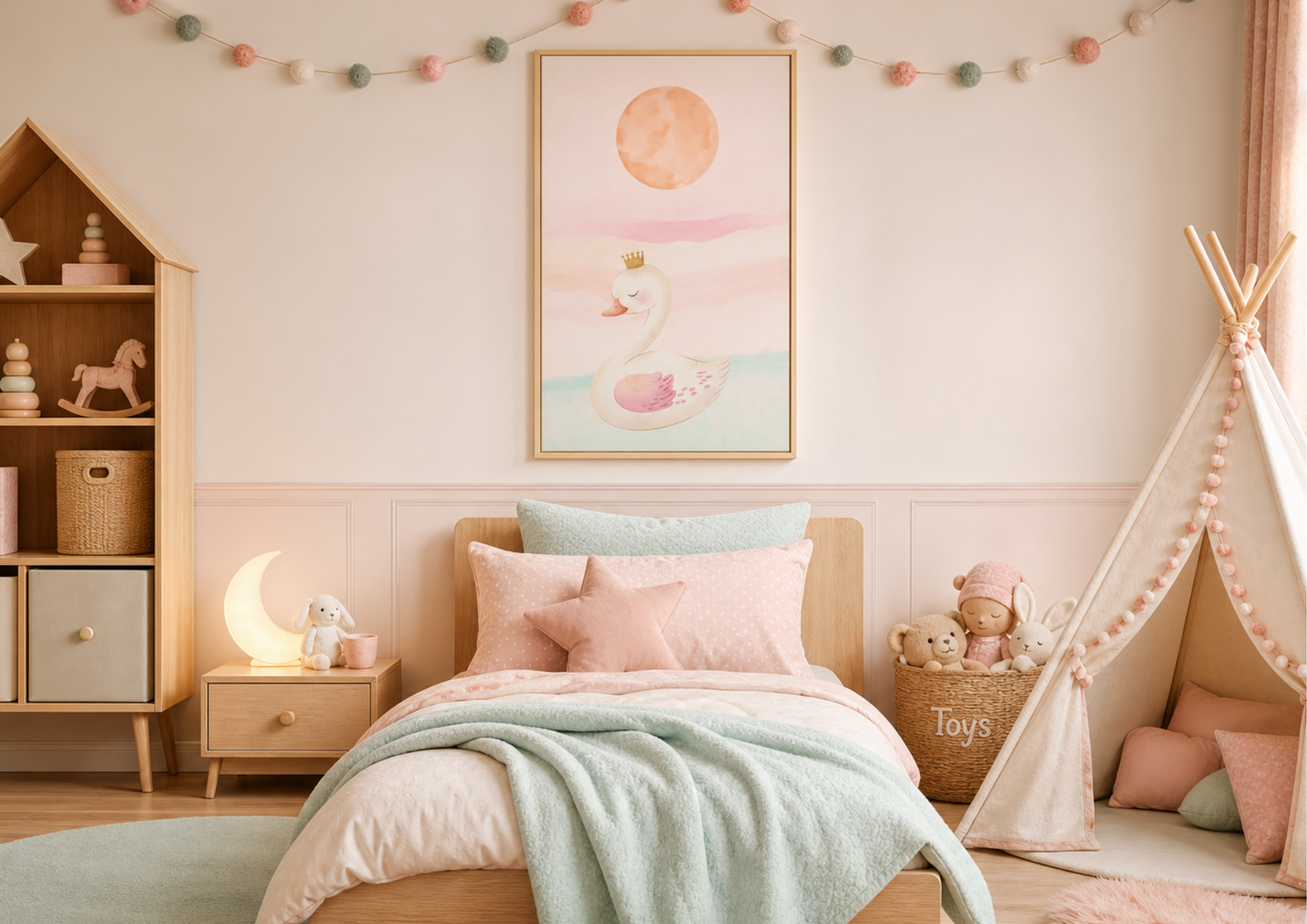 Framed nursery art print featuring a watercolor swan with a gold crown, hanging above a bed in a cozy, blush-toned bedroom filled with wooden furniture, a teepee, and soft textiles.