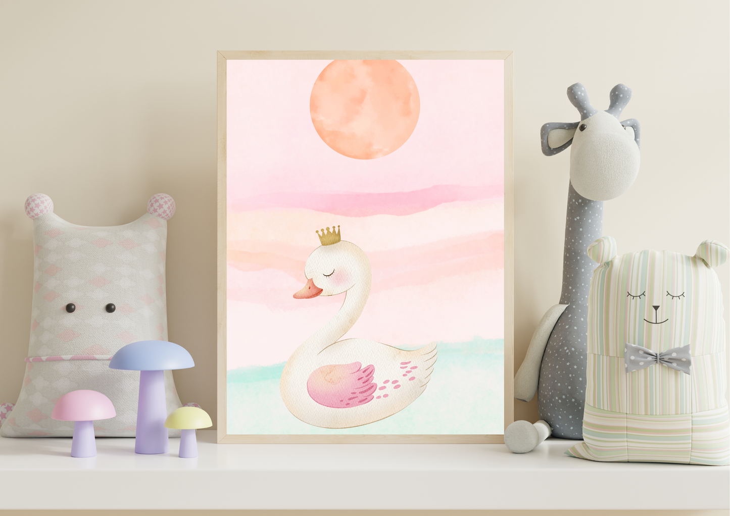 Framed nursery art print of a watercolor swan with a golden crown, displayed on a shelf surrounded by whimsical decor including colorful toy mushrooms and plush animal dolls.