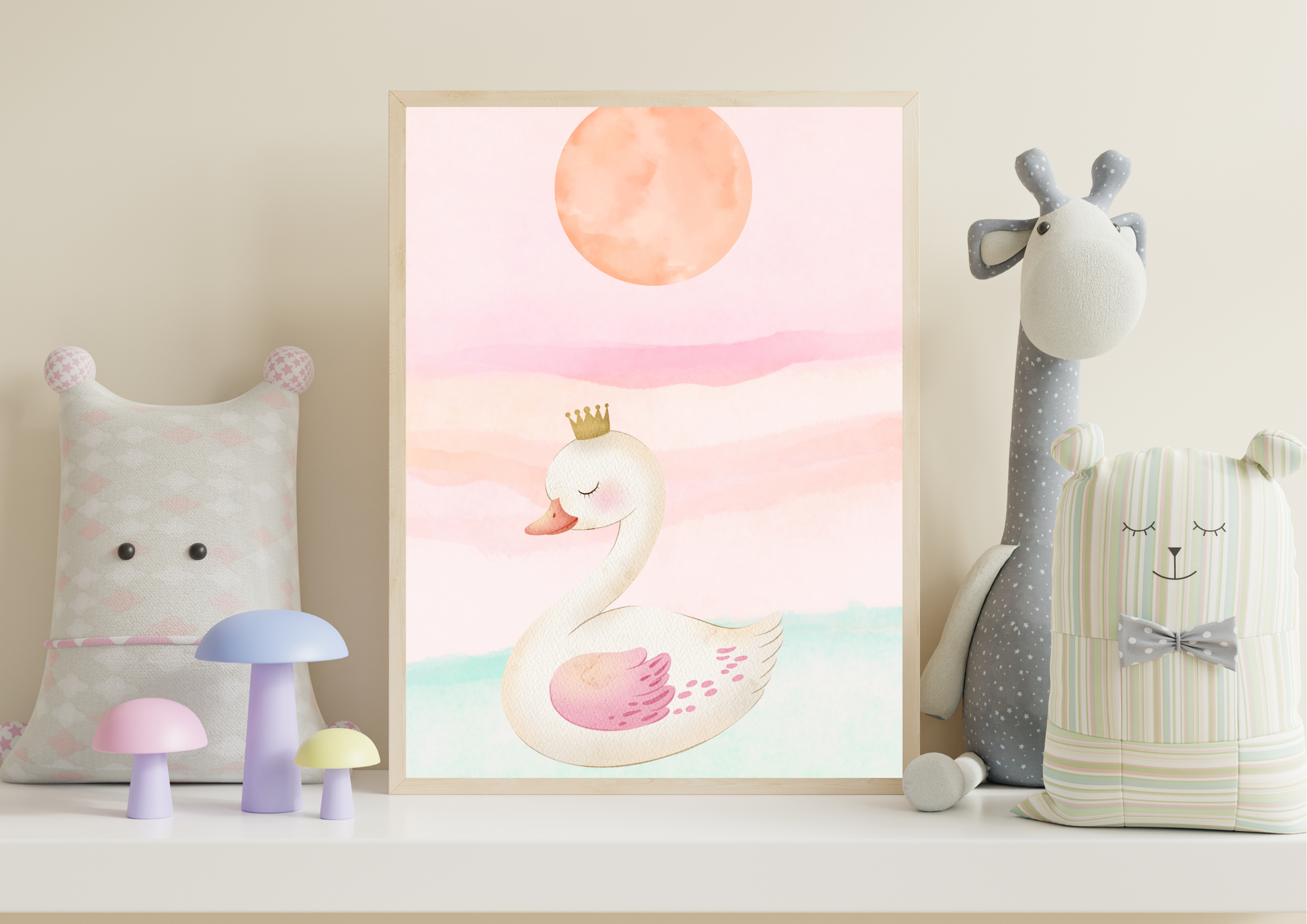 Framed nursery art print of a watercolor swan with a golden crown, displayed on a shelf surrounded by whimsical decor including colorful toy mushrooms and plush animal dolls.