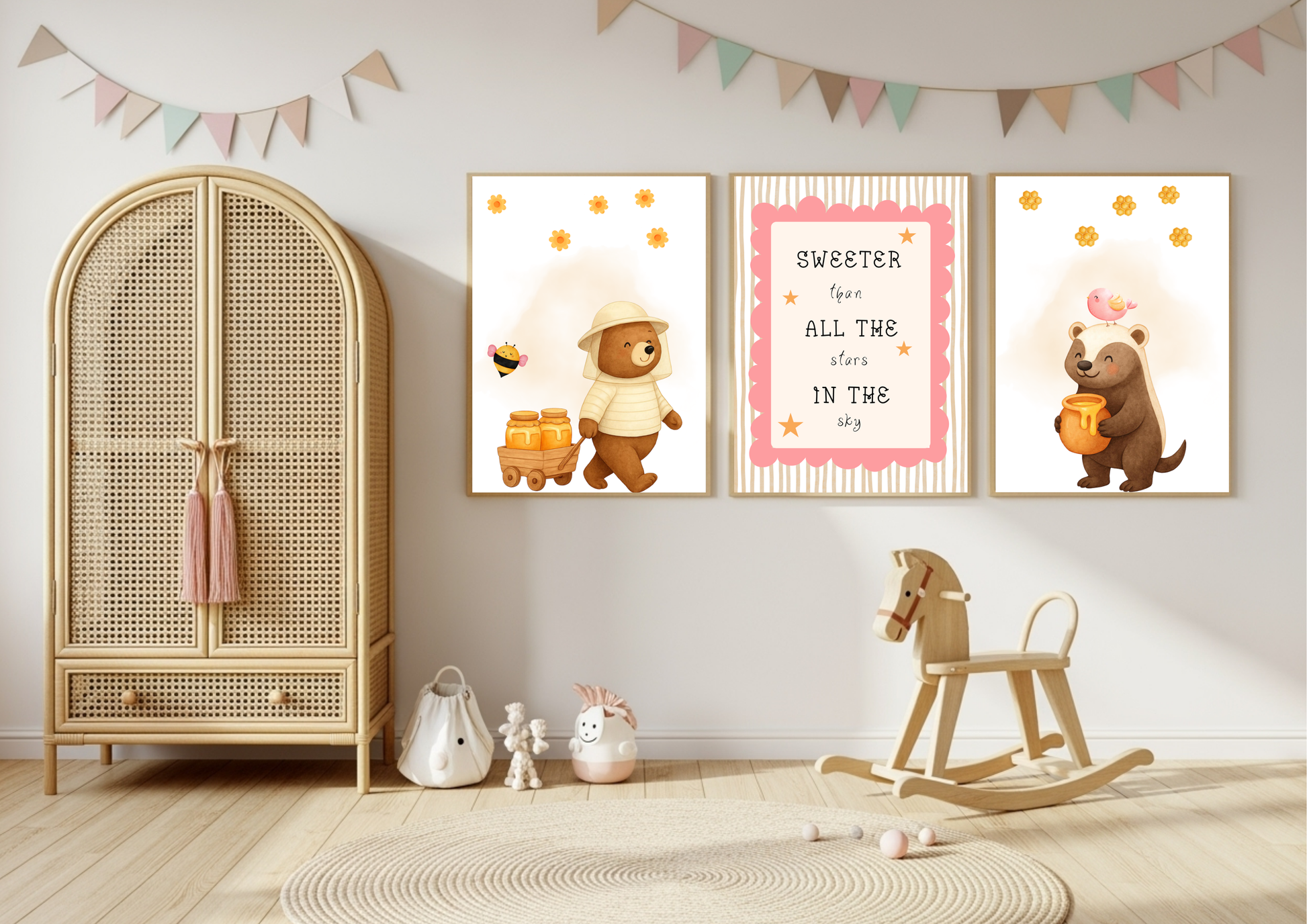 Children's room with a wooden wardrobe, rocking horse, and wall art featuring bears and honey.